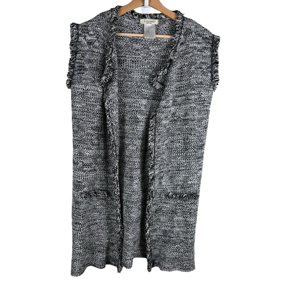 Cocogio Cardigan Black & White Knitted Fringe Soft Open Front Sleeveless ITALY‎